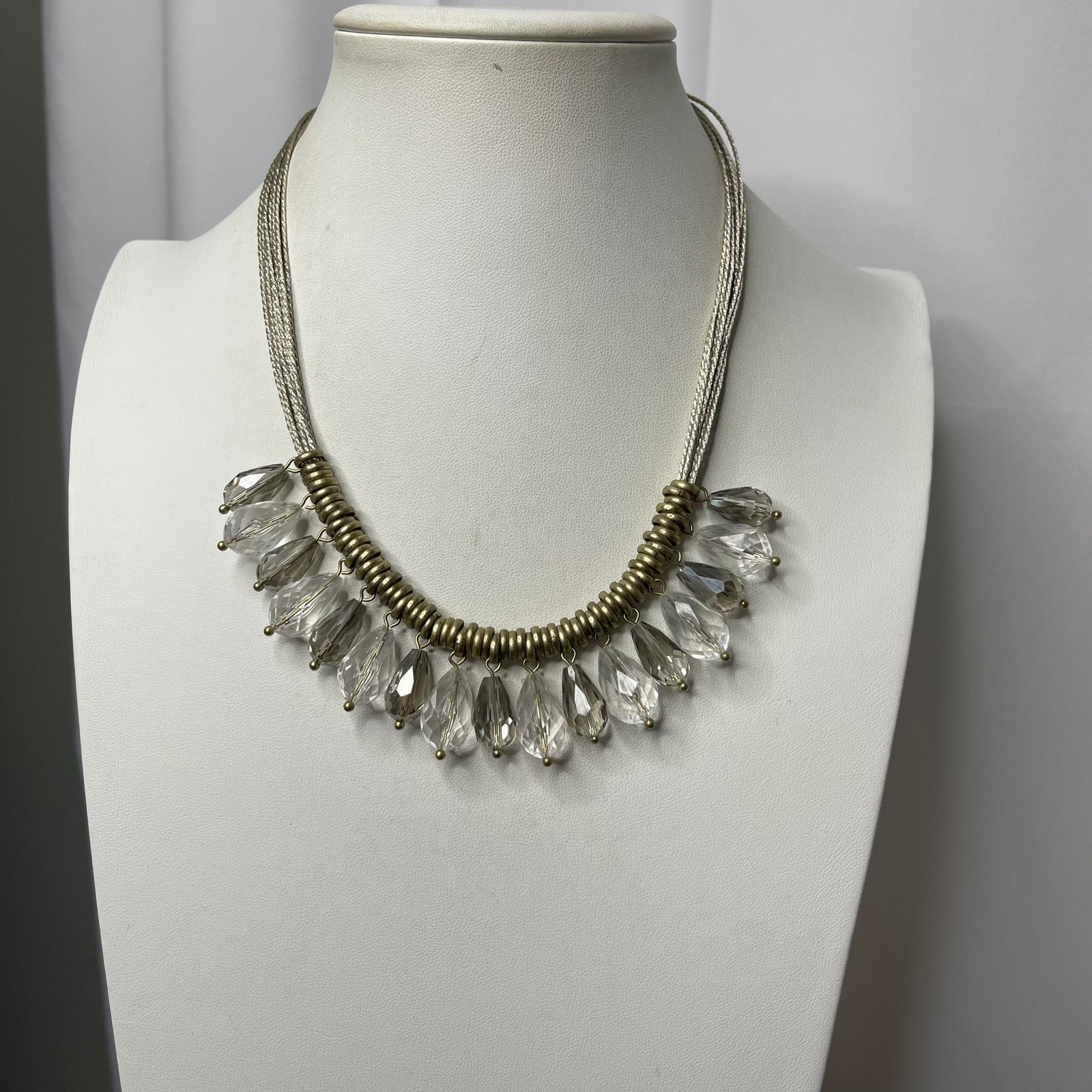 Loft Ann Taylor Statement Necklace Signed Costume Jewelry Gray Cord W Gold Tone